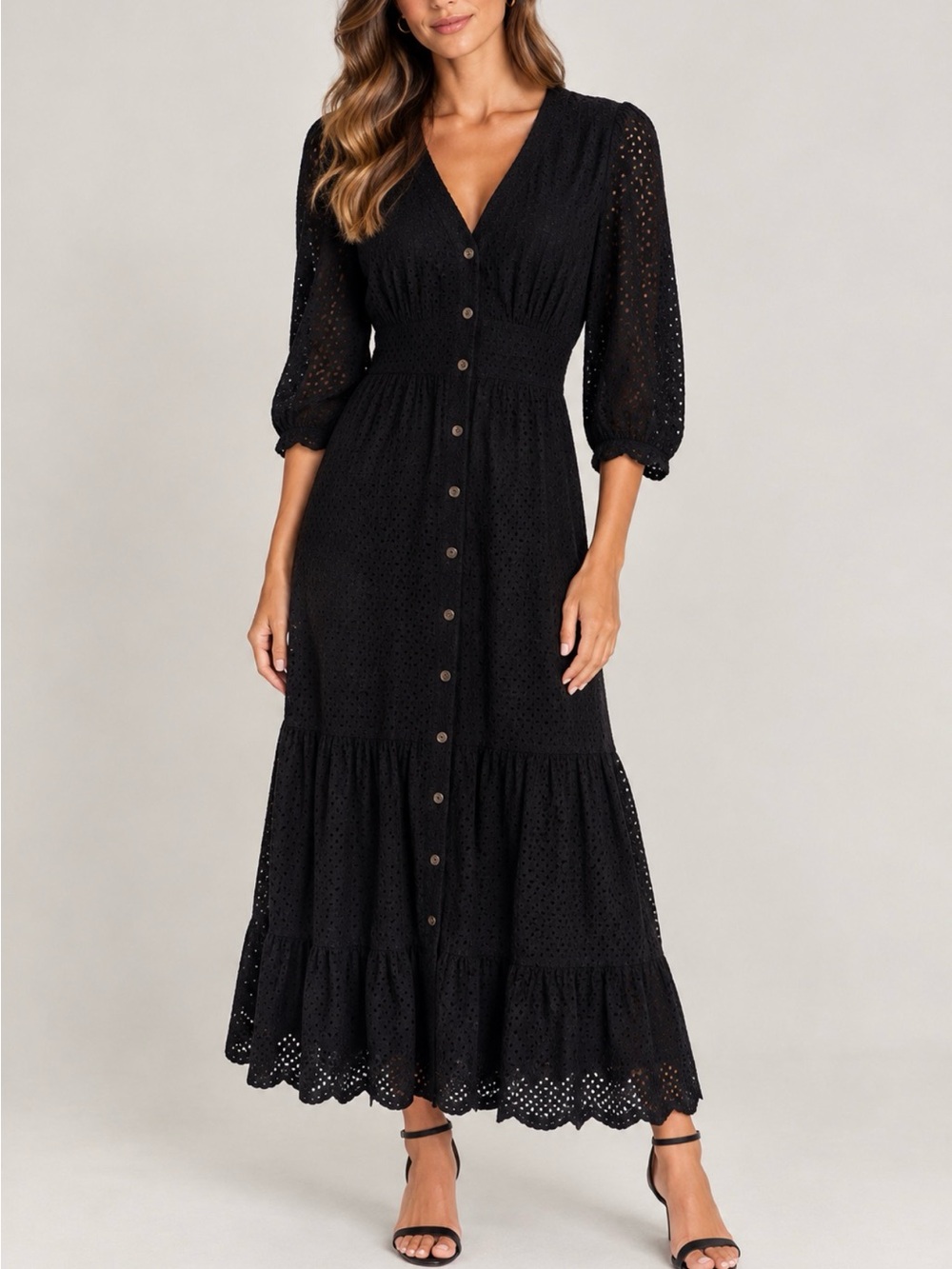 Whistles Black Eyelet Button-Front Midi Dress